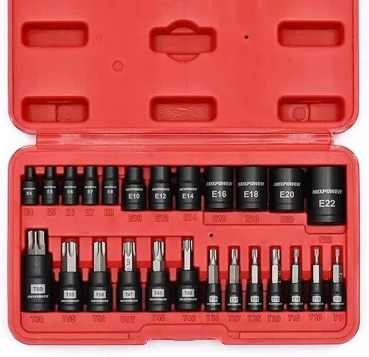 25 Piece Torx Bit and Female External Socket Set, 13 Star Bits (T8- T60)& 12 Fem