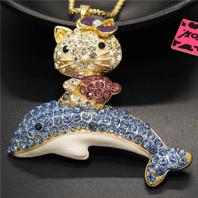 Hot Betsey Johnson Blue Cute Bow Cat Dolphin Crystal Pendant Chain Necklace