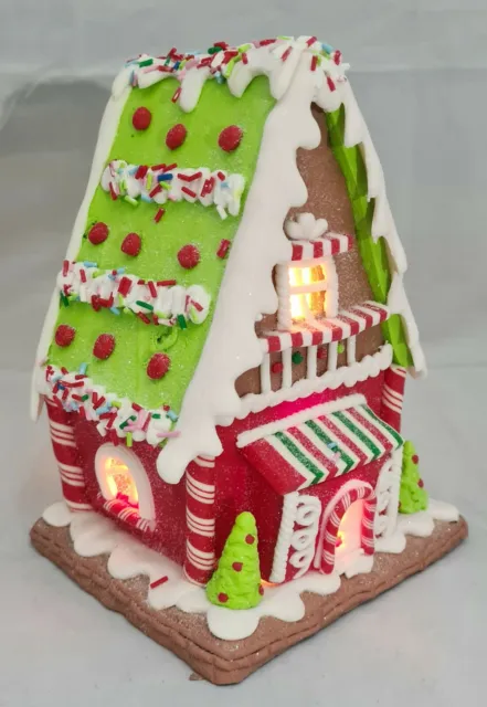 Gingerbread House Candy Stripe Green Red LED Light Up Claydough 7" Kurt Adler