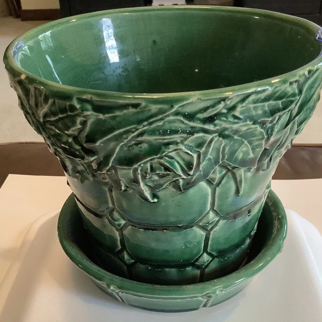 MID-CENTURY MCCOY POTTERY Green Quilted Diamond Rose Flower Pot Planter