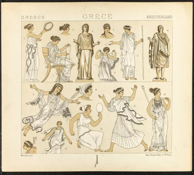 1890 - Grèce antique - Mode et costumes des femmes grecques - Lithographie