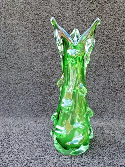 Vintage Czech Skrdlovice Glass Vase Emerald Green Knobbly Bydesigner Jan Beranek