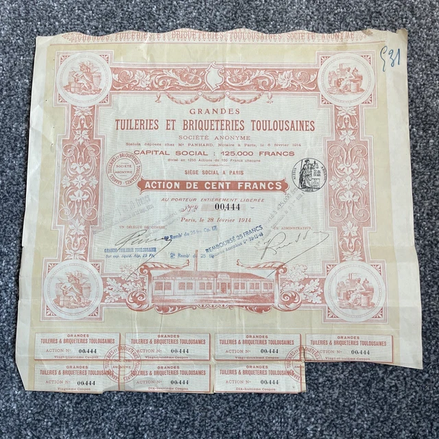 Vintage French share certificate Stock Bond Tuileries briqueteries Toulousaines