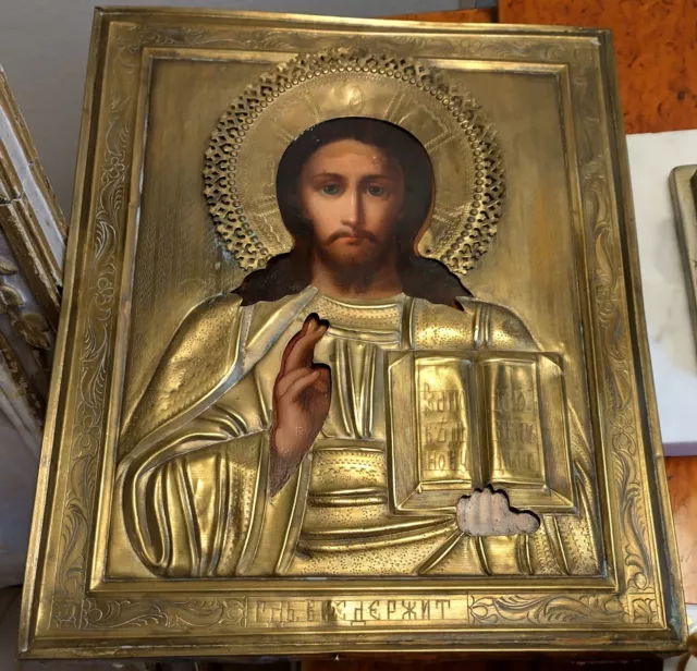 Russian icon Jesus Pantocrator bronze on wood, painted by hand, Antique