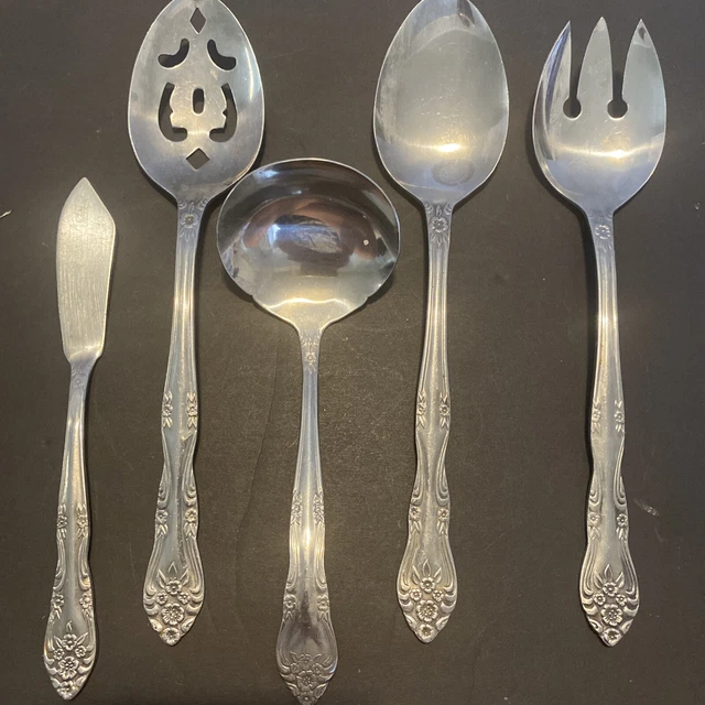 Rogers Dream Rose Serving Spoons Fork  Stainless Flatware Korea Set of 5