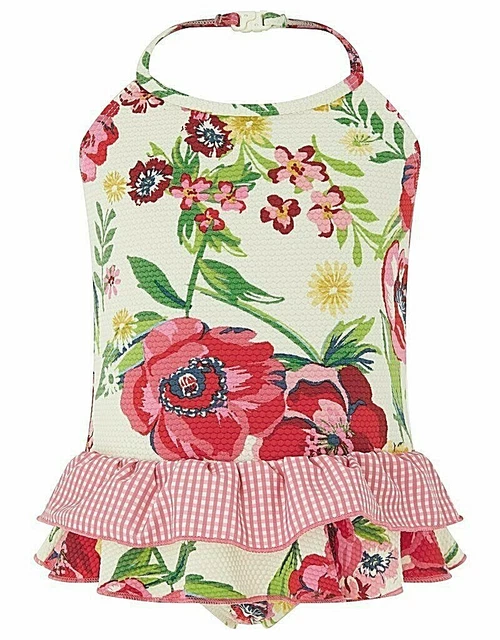 NUOVO costume monsone 6-12 mesi gingham floreale bambine nuovo con etichetta