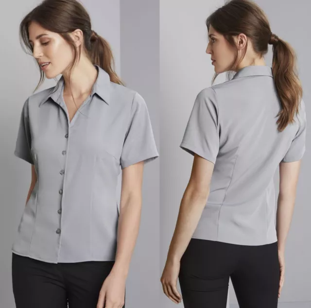 Ladies Womans Short Sleeve Shirt Black Blouse Crepe de Chine Smart Office Work