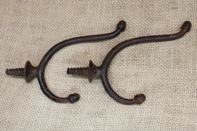 2 Old Coat Hooks Twist Screw In School Farm House Acorn 1850s Vintage Cast Iron