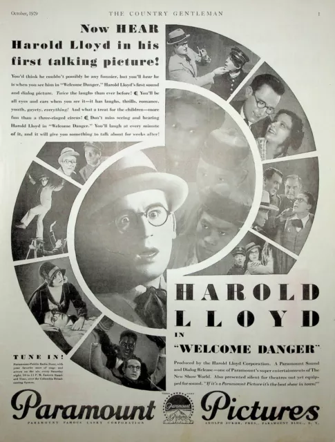 Original 1929 Ad for Harold Lloyd, Welcome Danger, Paramount Pictures