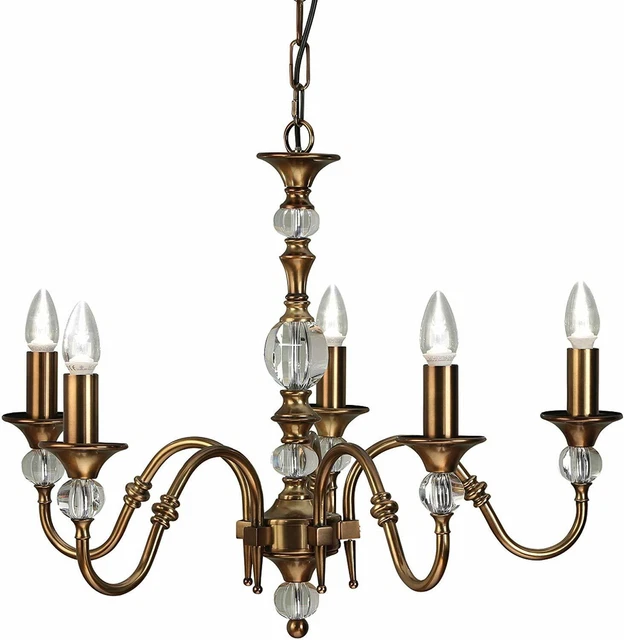 Interiors 1900 Polina Classic 5 Lights Ceiling Chandelier Light, Antique Brass