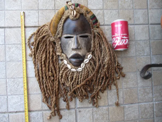 Vintage Tribal African Nicety Old Hand Carved Mask Hardness Wood Drawstring Hair 12