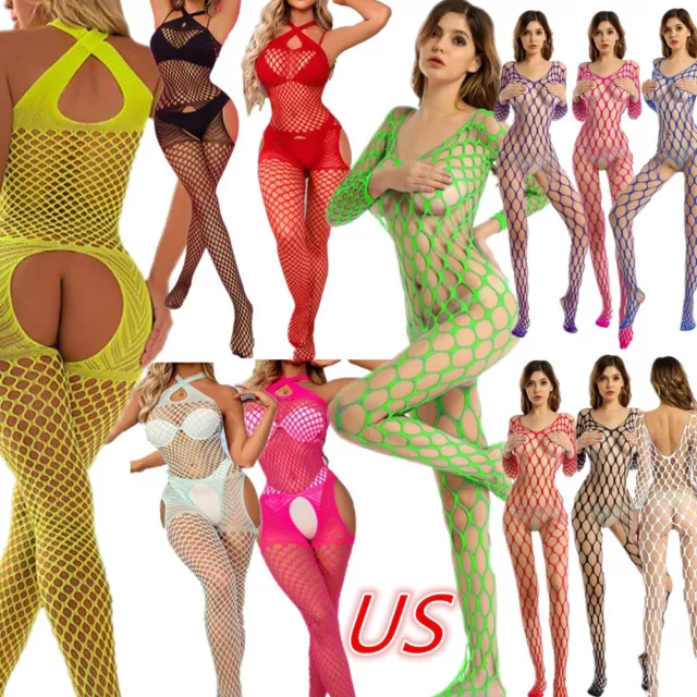 US Women's Crotchless Fishnet Bodysuit Full Body Stocking Babydoll Pantyhose