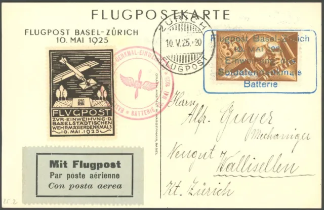 LUFTPOST 10.5.1925, Flugpost BASEL-ZÜRICH, Sonderkarte mit Vignette und Mi.Nr.