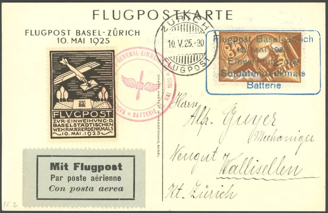 LUFTPOST 10.5.1925, Flugpost BASEL-ZÜRICH, Sonderkarte mit Vignette und Mi.Nr.