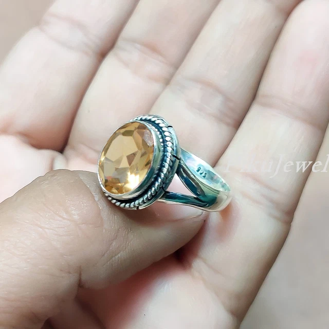 Bague Homme Ancienne En Argent 925 Avec Topaze Citrine Jaune - Faite Main, Pierre Ovale 7.5mm