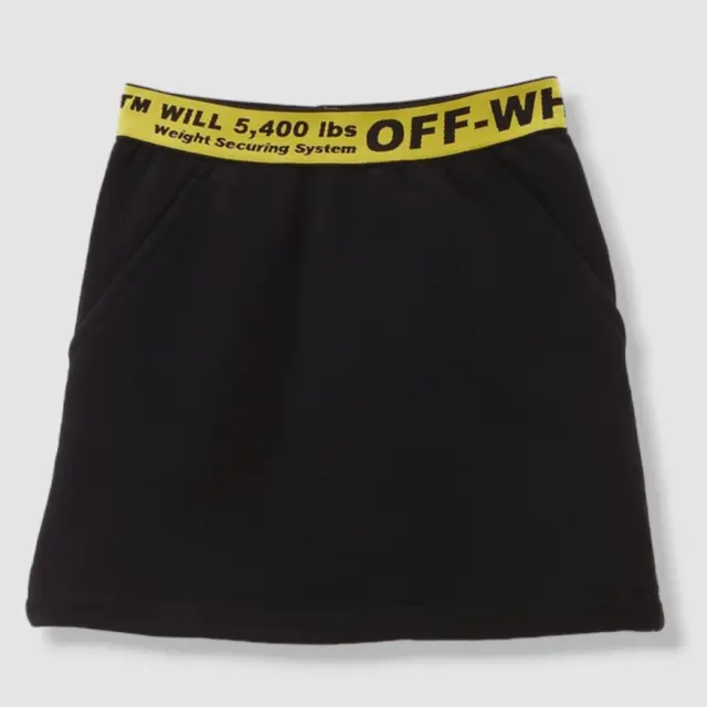 $240 OFF-WHITE Girl's Black Yellow Stretch Cotton A-Line Logo Mini Skirt Size 10