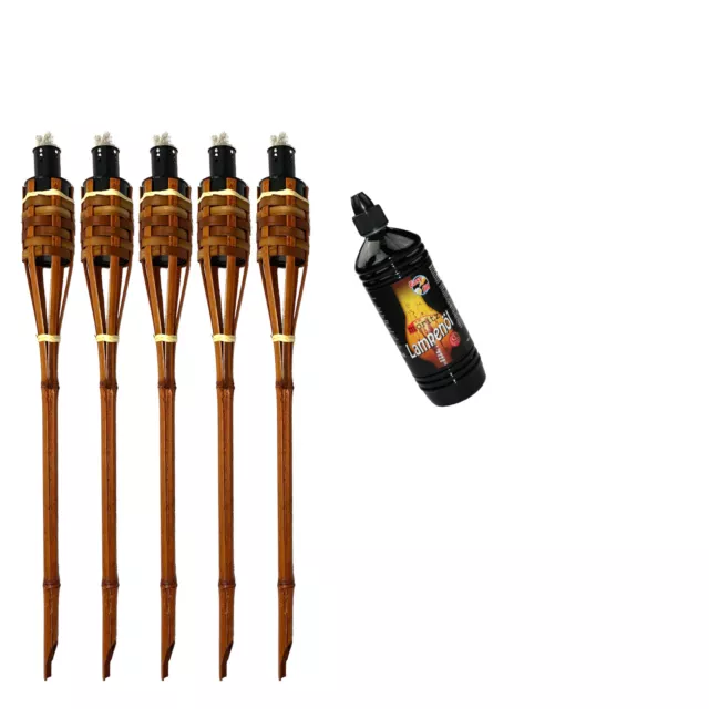 5x Bambusfackel Deluxe 90cm braun + 1x 1000ml Lampenöl Gartenfackel Ölfackel