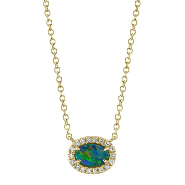 Opal und Diamant Anhänger Halskette 14K Gelbgold Oval Zertifiziert Natur 0.38TCW