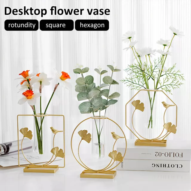 Metal Frame Tube Vase Round/Square/Hexagonal Vase Tube Glass Planter CrGCo