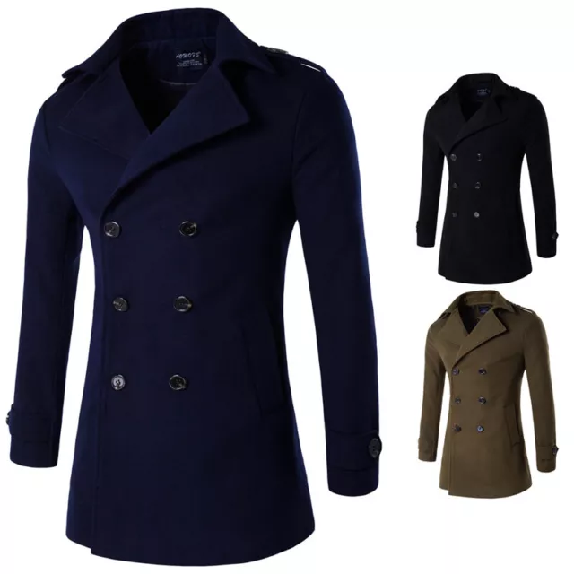 Mens Slim Fit Peacoat Double Breasted Woolen Jacket Lapel Trench Coat Outdoor