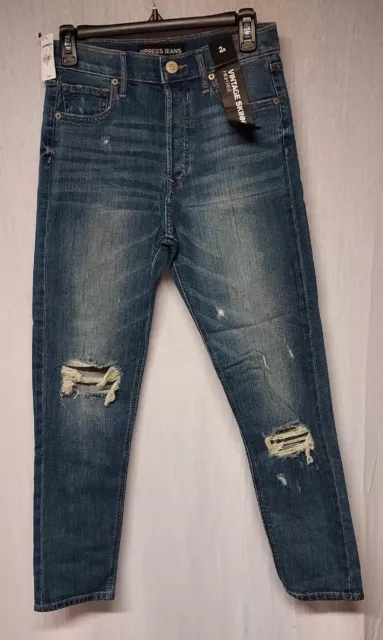Express Vintage High Rise Skinny Ankle Distressed Blue Jeans Womens Size 2R