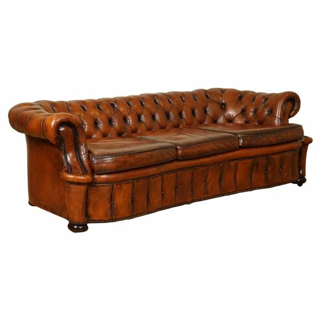 One Of A Kind Whiskey Brown Hand Dyed Leather Serpentine Club Chesterfield Sofa