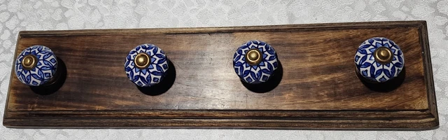 Antique Look Wood Rack with porcelain Hangers Wall MountCoat Hat Clothes Holders 3