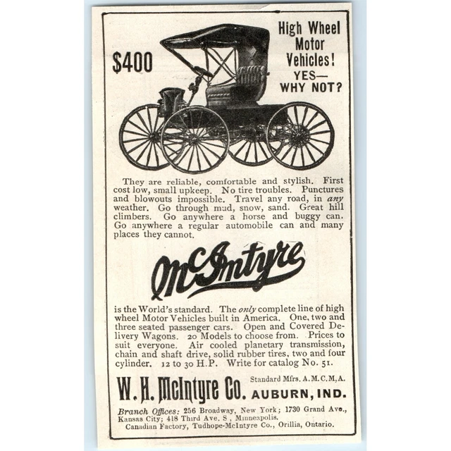 1909 W.H. McIntyre Auto Print Ad High Wheel Motor Vehicle Carriage Original 4A