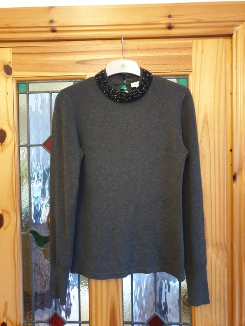 WAREHOUSE BEAD EMBELLISHED Neck grey Long Sleeve Jumper Size 10