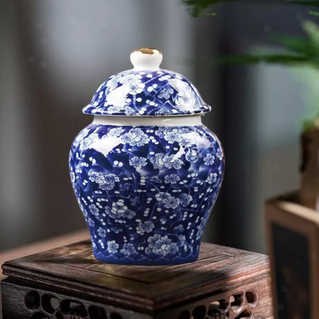 Chinese Style Blue and White Porcelain Ginger Jar Temple Jar with Lid Storage