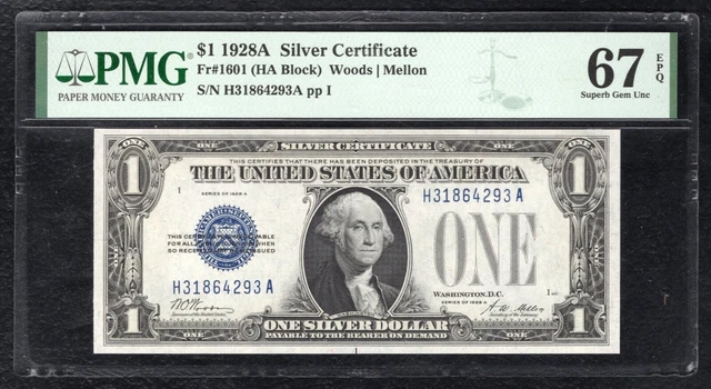 Fr. 1601 1928-A $1 One Dollar “Funnyback” Silver Certificate Pmg Gem Unc-67Epq