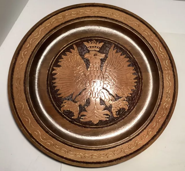 Vintage Hand Carved Wooden Plate W/Inlaid Brass Detail Made In Poland. 15 1/2”D.