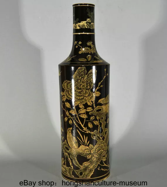 16.6 "Kangxi Marked China Black Glaze Yellow Porcelain Dynasty Flower Bird Vase