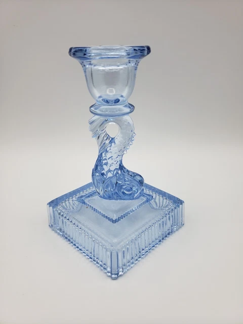 Vintage Westmoreland Candlestick Glass Dolphin Blue Koi Fish Square Base 5"