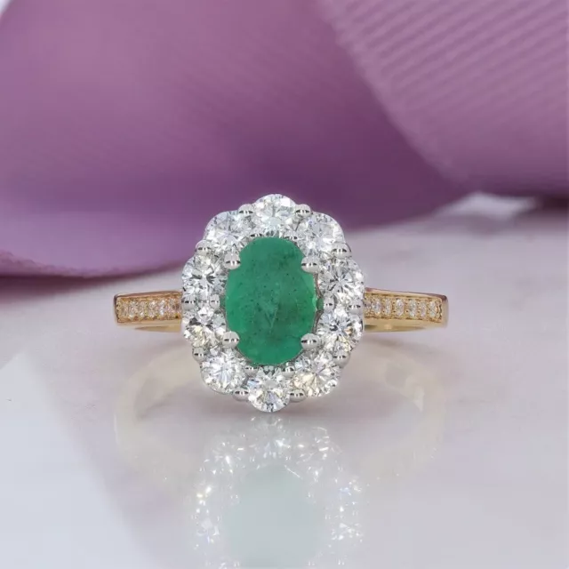 BEAUTIFUL RING OVAL Cut Natural Green Emerald Halo Womens Ring 14k Two ...