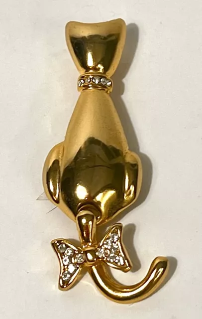 Vintage Gold Plated Cat Moving Tail Bow Rhinestones Brooch Pin Taiwan R.O.C