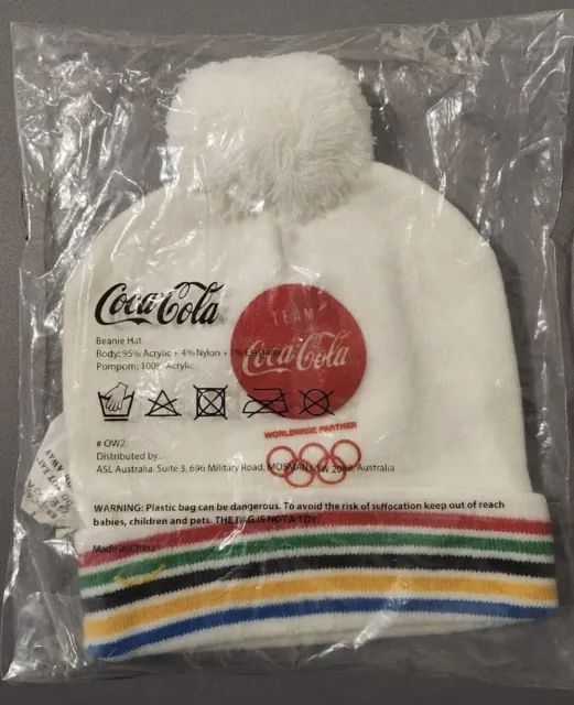 2021 Coca Cola Winter Olympics White Beanie Hat Pom Pom Coke Brand New In Bag