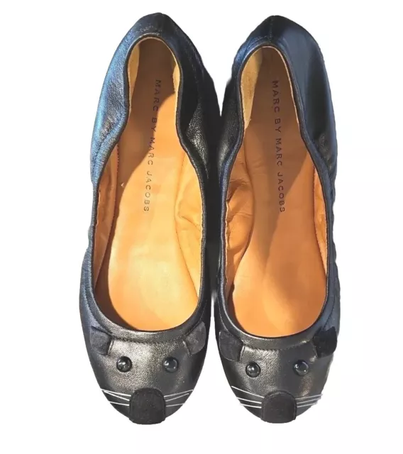 Marc by Marc Jacobs Black Leather Mouse Ballerina Flats Sz 35.5/5.5 3