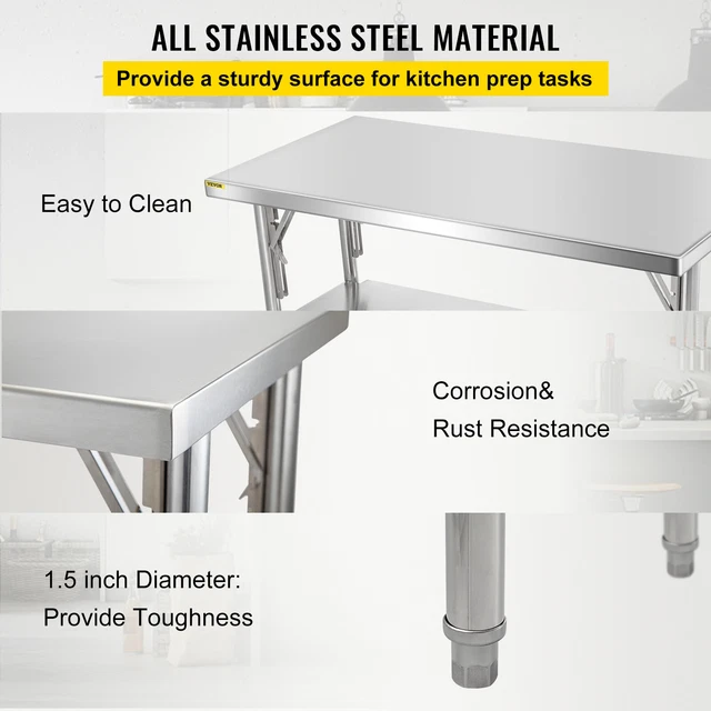 VEVOR Commercial Stainless Steel Folding Work Prep Tables Open Kitchen 48x24 In 3