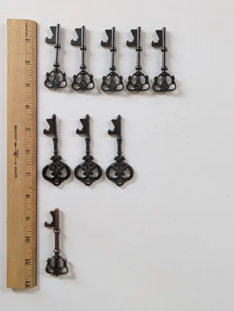 9 Set Skeleton Key Bottle Opener Silver & Brass Vintage Victorian Look 3.25"