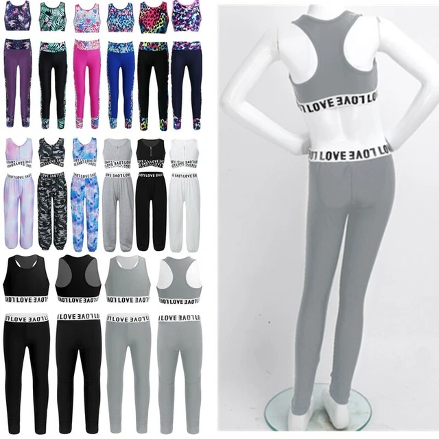 Kids Girls 2Pcs Tracksuit Crop Tops Leggings Set Athletic Sport Outfit Activwear
