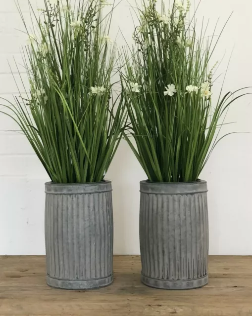 2 x Large Round Galvanised Ribbed Metal Dolly Planters Plant Flower Pot Garden 2