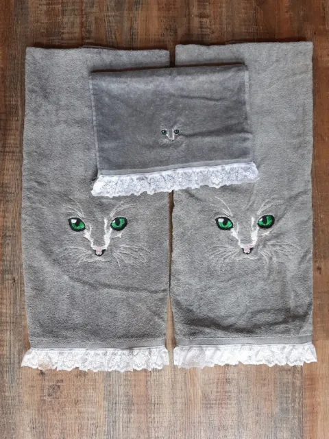 Cats Vintage Gray Embroidered Lace Bath Towel Set R.A. Briggs Grey Cat Face