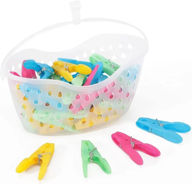 36 Laundry Peg Multicoloured Clothes Pegs with Basket Plastic Bucket Strong Grip