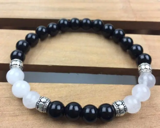 8mm obsidian White jade Bracelet pray Stretchy Meditation Wrist 7.5inches energy