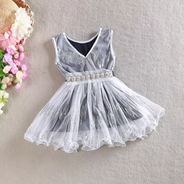 Girls Dress Pearl Waistband Sequin Vintage Lace Tulle TuTu Party Birthday 1-7 2