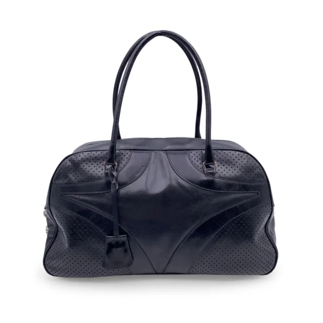 Authentic Prada Black Leather Bowling Bag Satchel Bowler Handbag
