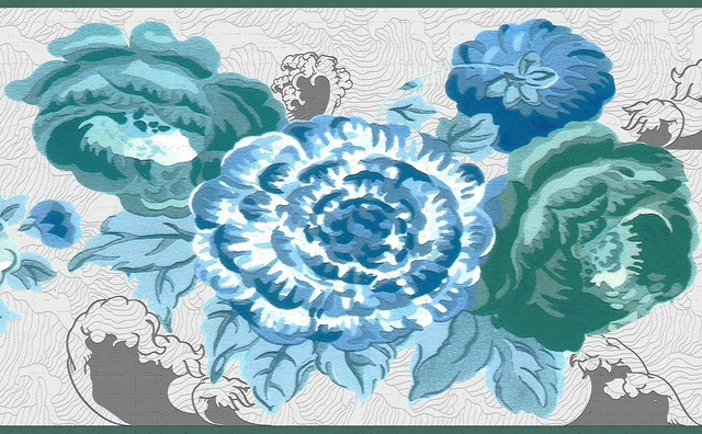 Borde de papel tapiz abstracto de flores azul azulado - autoadhesivo - 15 pies x 7 pulgadas