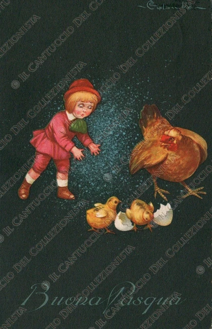 1928 Buona Pasqua bambino artista COLOMBO Cartolina augurale