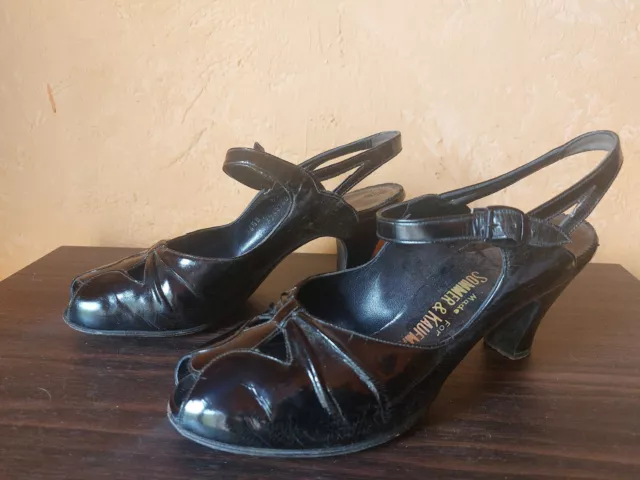 1940s Black Patent Leather Ankle Strap Heels, Peep Toe Cut Outs 6.5 - 7